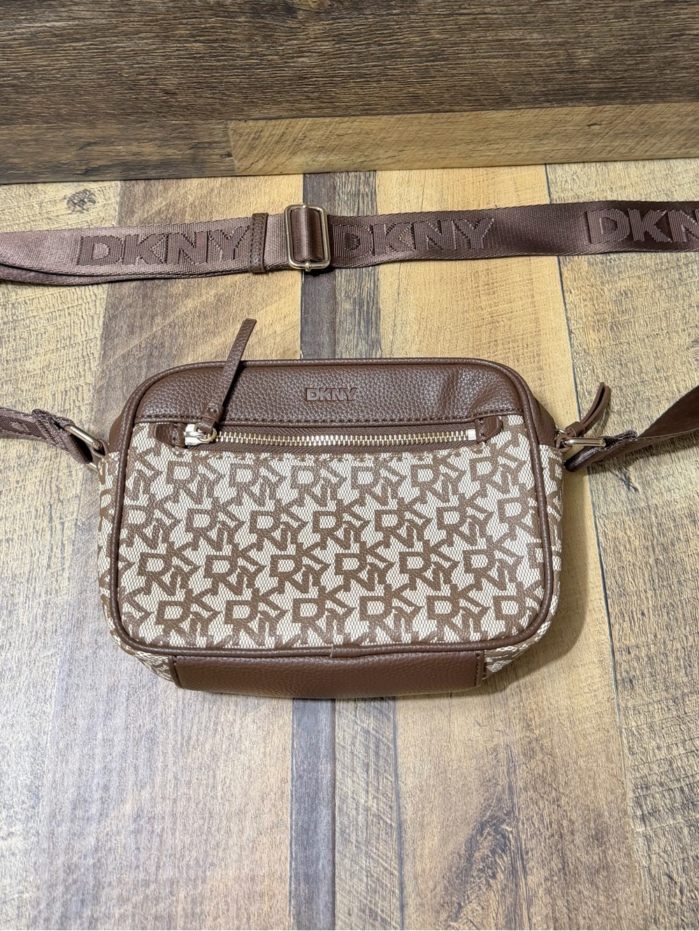 DKNY Brown and Beige Monogram Crossbody Bag